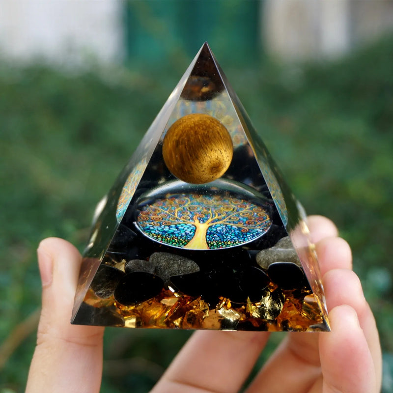 Handmade 60mm Tiger Eye & Obsidian Orgonite Pyramid: Reiki Healing & Chakra Meditation