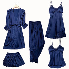 Satin Lace 5 Pieces Pajamas Set