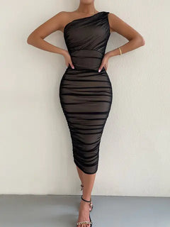 Mesh One-Shoulder Ruched Dress