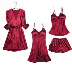 Satin Lace 5 Pieces Pajamas Set