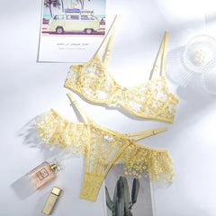 Yellow Floral Mesh Patchwork Underwear Set