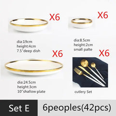 High-quality Matte Gilt Rim White Porcelain Dinner Tray Kitchen Plates Ceramic Tableware Food Dishes Rice Salad Noodles Bowl