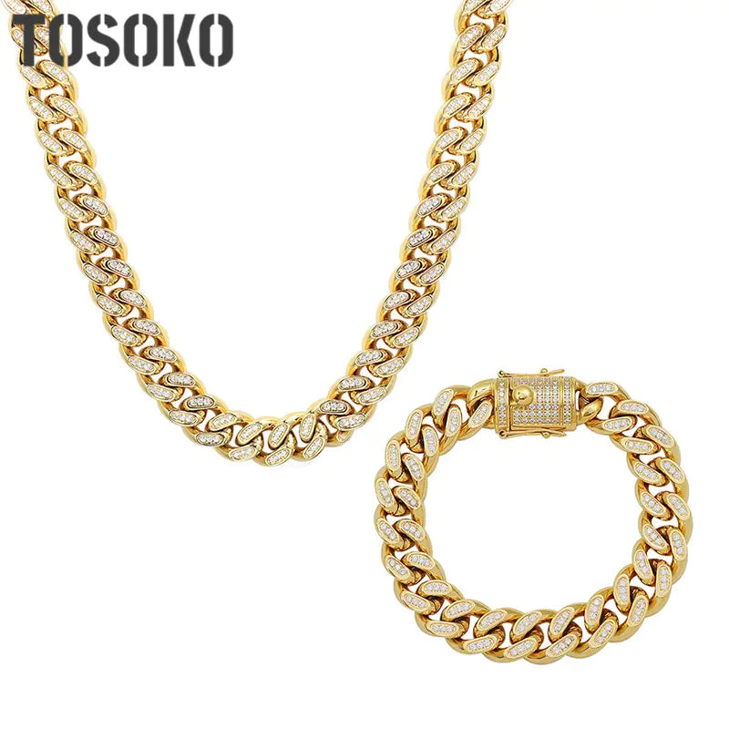 TOSOKO Stainless Steel Jewelry Winter Hip Hop Full Zircon Inlaid CUBAN CHAIN Plated 18 K Gold Necklace Bracelet Set BSP114-E028