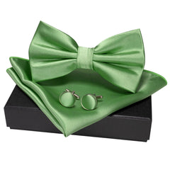 JEMYGINS Solid Color mens Pre-tied Bow Tie and Pocket Square Cufflinks Sets with Gift Box Sage Green