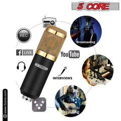 5Core Recording Microphone Podcast Bundle  Professional Condenser Cardioid Mic Kit  w Boom Arm