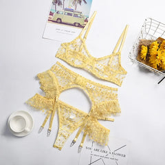 Yellow Floral Mesh Patchwork Underwear Set