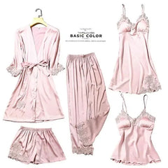 Satin Lace 5 Pieces Pajamas Set