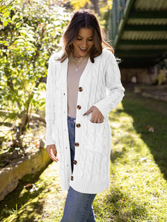 PRETTYGARDEN Long Sleeve Cable Knit Long Cardigan for Women 2024 Fall Winter Chunky Open Front Button Sweaters with Pockets Large Snow White